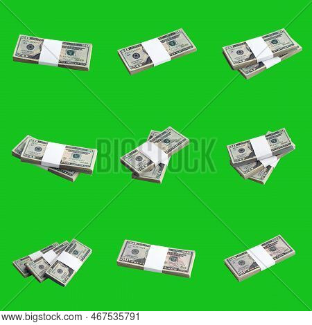 Big Set Of Bundles Of Us Dollar Bills Isolated On Chroma Key Green. Collage With Many Packs Of Ameri