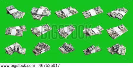 Big Set Of Bundles Of Us Dollar Bills Isolated On Chroma Key Green. Collage With Many Packs Of Ameri