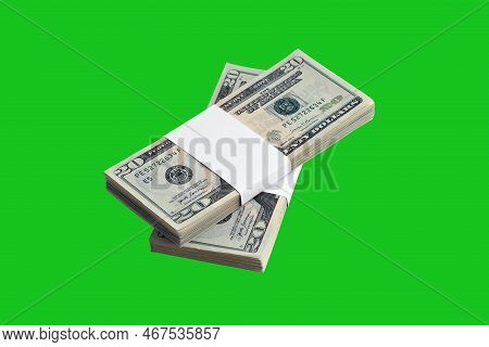 Bundle Of Us Dollar Bills Isolated On Chroma Keyer Green. Pack Of American Money With High Resolutio