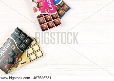 Kharkiv, Ukraine - December 18, 2020: Schogetten Chocolate Packs. Dark Chocolate Produced By Ludwig 