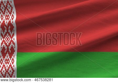 Belarus Flag With Big Folds Waving Close Up Under The Studio Light Indoors. The Official Symbols And