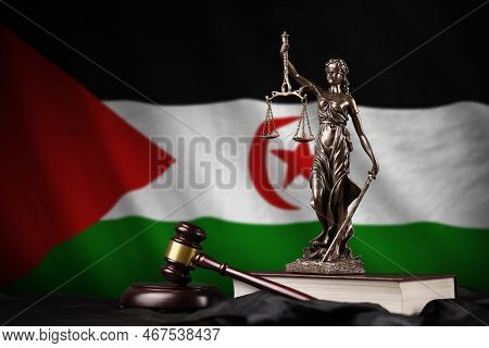 Western Sahara Flag With Statue Of Lady Justice, Constitution And Judge Hammer On Black Drapery. Con