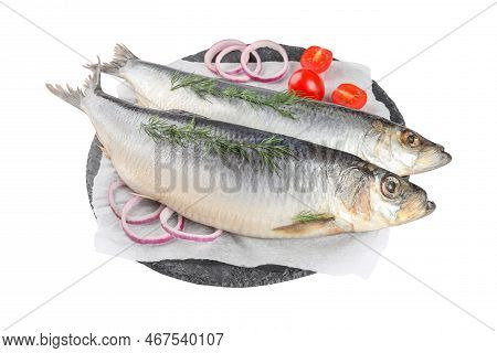 Slate Plate With Salted Herrings, Onion Rings, Dill And Cherry Tomatoes Isolated On White