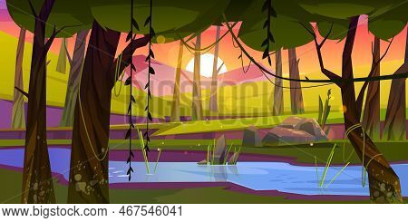 Summer Forest With River, Green Grass And Mountains On Background. Sunset Scene Of Natural Park With