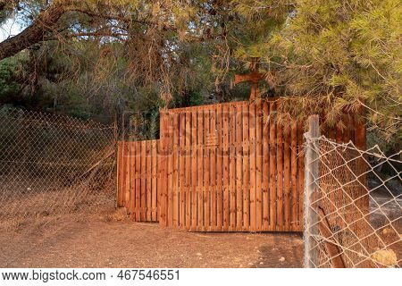 Hararit, Israel, October 28, 2022 : Wooden Fence Around The Cave Church - Lavra Netofa Monastery, Ne