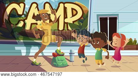 Kids And Boyscout Counselor Prepare To Go In Summer Camp Posters, Children Cheerful In Forest Campin