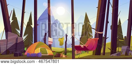 Camping Tent With Tourist Stuff, Logs And Hammock In Forest, Traveler Halt With Drying Clothes On Mo