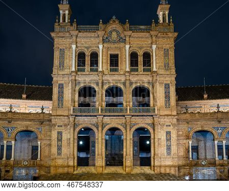 Night View Of The Plaza De Espana Spanish Square In Sevilla Spain On 7 December 2022