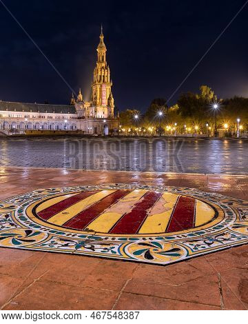 Night View Of The Plaza De Espana Spanish Square In Sevilla Spain On 7 December 2022
