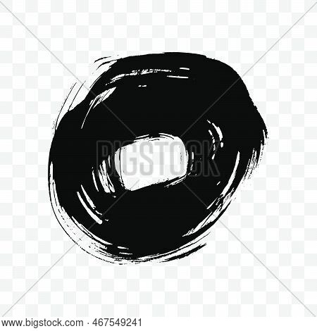 Black Grunge Brush Stroke In Circle Form. Painted Ink Circle. Ink Spot Isolated On Transparent Backg