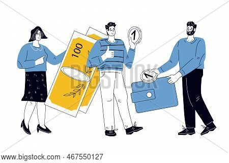People With Coins And Banknotes, Money Symbols And Wallet. Financial Management, Money Savings And G