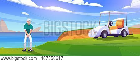 Golf Course On Lake Shore With Man And Cart On Grass. Vector Cartoon Illustration Of Golfer With Put