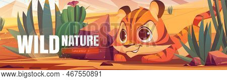 Wild Nature Cartoon Web Banner. Funny Tiger Cub Hunting In African Desert Natural Landscape. Baby Pr