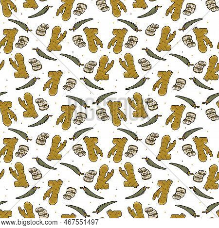 Vector Panasian Food Seamless Pattern. Hand Drawn Sketch With Asian Food Such As Noodles, Shrimps, G