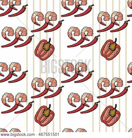 Vector Panasian Food Seamless Pattern. Hand Drawn Sketch With Asian Food Such As Noodles, Shrimps, G
