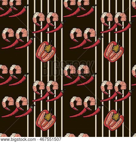Vector Panasian Food Seamless Pattern. Hand Drawn Sketch With Asian Food Such As Noodles, Shrimps, G