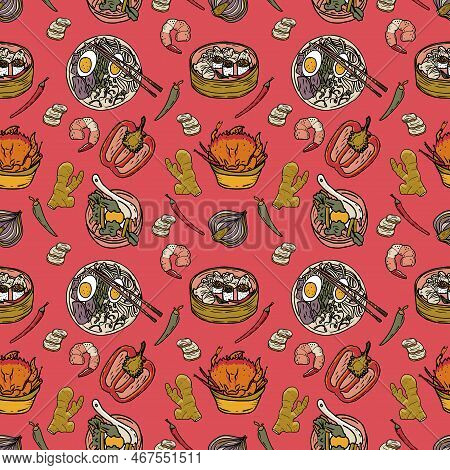 Vector Panasian Food Seamless Pattern. Hand Drawn Sketch With Asian Food Such As Noodles, Shrimps, G