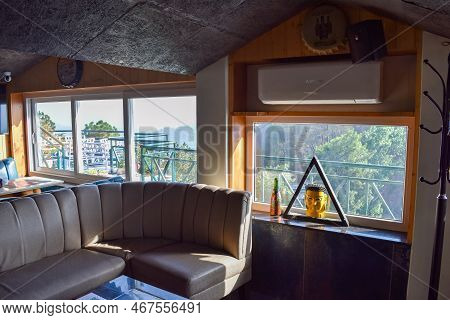 Kasauli, Himachal Pradesh, India, May 15,2022 - Inside View Of Modern Rooftop Restaurant Hangout At