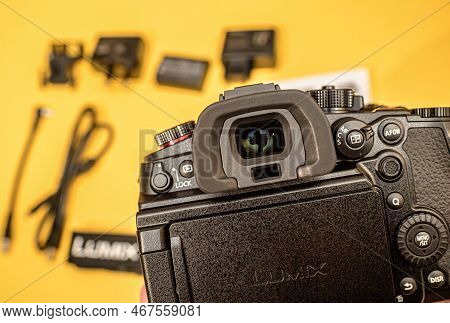 Paris, France - Nov 20, 2022: Close-up Macro View Of New Unboxed On Yellow Background New Panasonic 