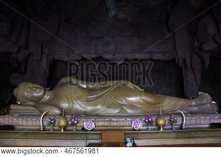 Marble Stone Buddha Reclining Attitude Statue Of Wat Mahaeyong Temple For Thai People Travelers Trav