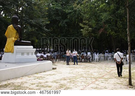 Thai People Join Observe Religious Or Practice Dharma Meditate Respect Praying Blessing Buddha Holy