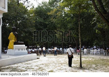 Thai People Join Observe Religious Or Practice Dharma Meditate Respect Praying Blessing Buddha Holy