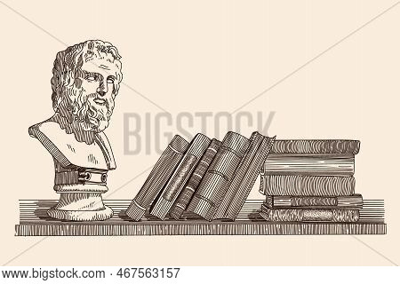 A Bookshelf With A Plaster Statue Of Homer And Books Lined Up. Linear Primitive Drawing In A Minimal