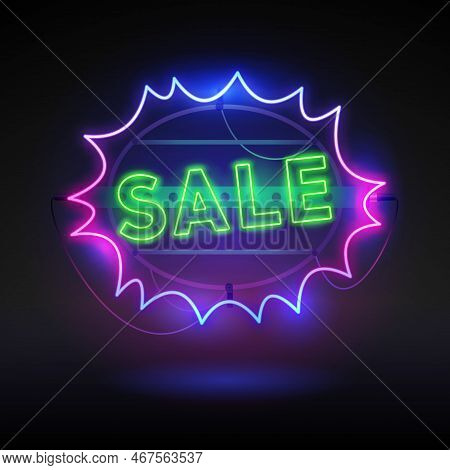 Glowing Neon Comic Stile Sale Signboard. Banner Template. Stock Vector Clipart With Copy Space.
