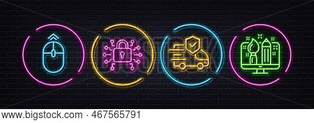 Security Lock, Transport Insurance And Swipe Up Minimal Line Icons. Neon Laser 3d Lights. Creative D