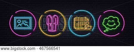 Photo, Bathrobe And Accounting Minimal Line Icons. Neon Laser 3d Lights. Smile Icons. For Web, Appli