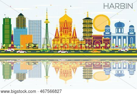 Harbin China Skyline With Color Buildings, Blue Sky And Reflections. Vector Illustration. Business T