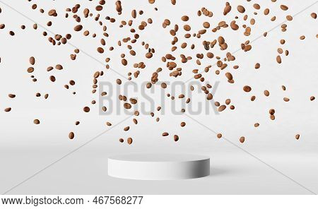 Falling Coffee Beans On Empty Matte Podium White Background 3d Rendering. Place For Product Cup Pouc