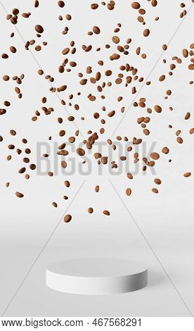 Falling Coffee Beans On Empty Matte Podium White Background 3d Rendering. Place For Product Cup Pouc