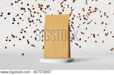 Paper Pouch Bag Falling Coffee Beans Podium 3D Rendering. Merchandise Discount Packaging Logo Shop D