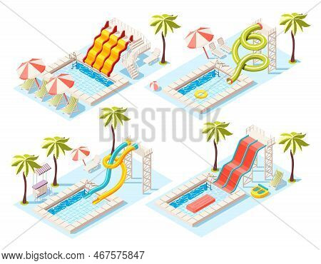 Aquapark Isometric Concept Set With Entertainment Sunbathing And Swimming Symbols Vector Illustratio