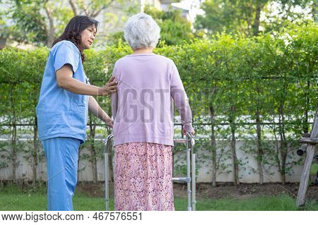 Doctor Help And Care Asian Senior Or Elderly Old Lady Woman Use Walker With Strong Health While Walk