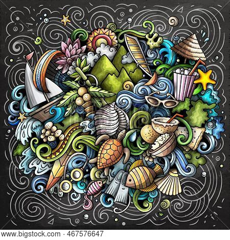 Mauritus Cartoon Vector Doodle Chalkboard Illustration. Colorful Detailed Composition With Lot Of Ex