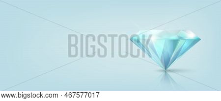 Vector Horizontal Banner With 3d Realistic Blue Transparent Triangular Glowing Gemstone, Diamond, Cr
