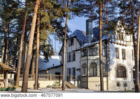 Latvia, Riga, December, 2022: Private Cottage Four-storey Of Ancient Architecture In The Mezaparks D