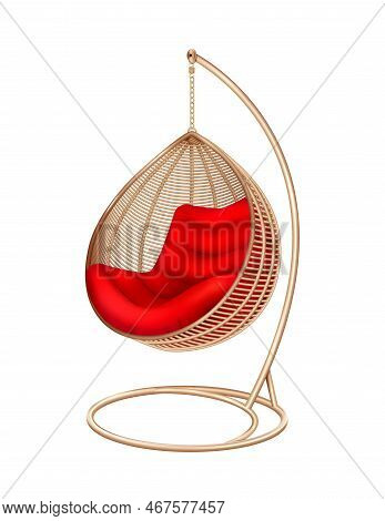 Wicker Hanging Swing Chair Composition With Isolated Image Of Modern Lounge With Soft Pillows Vector