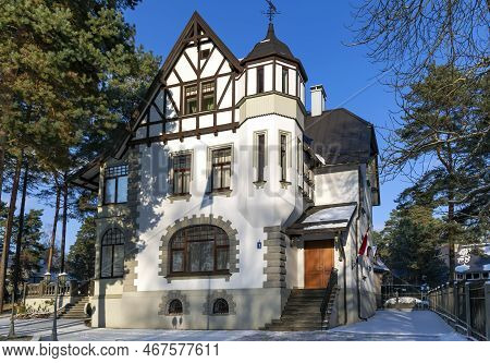Latvia, Riga, December, 2022: Private Cottage Four-storey Of Ancient Architecture In The Mezaparks D