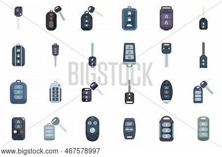 Smart Car Key Icons Set Flat Vector. Driver Mobile. Smart Alarm Isolated