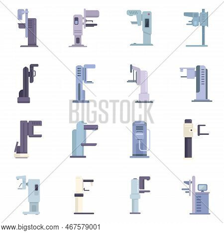 Mammography Machine Icons Set Flat Vector. Analyzing Breast. Cancer Care Isolated
