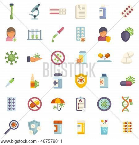 Antibiotic Resistance Icons Set Flat Vector. Immune Drug. Medical Superbug Isolated