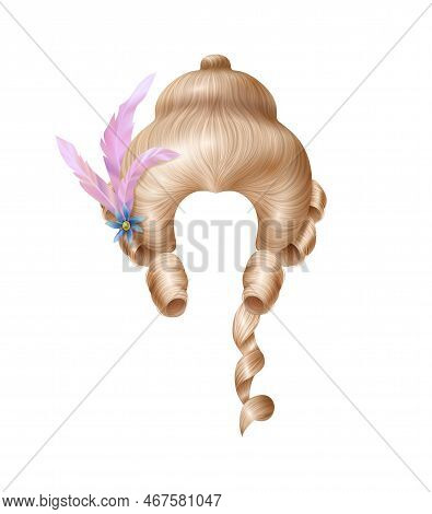 Realistic Rococo Women Wig Vintage Composition With Isolated Image Of Fleecy Hair With Flowers And F