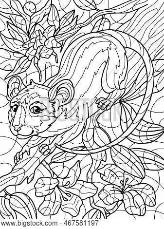 Rat On A Tree Branch, Flowering Tree. Antistress For Children And Adults. Illustration On White Back