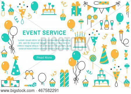 Event Service Flat Line Background Or Web Page Template With Button And Text Space. Concept With Bal