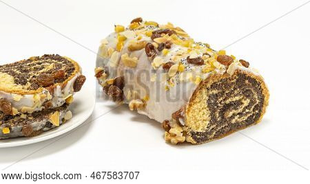 Christmas Cake Makowiec With Poppy Seeds, Traditional Polish Festive Pie Covered With Sugar Icing, W