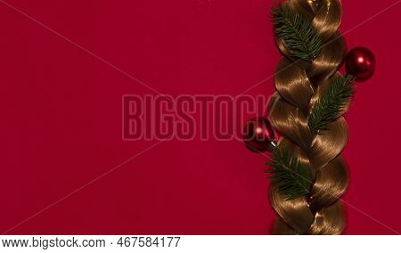 Merry Christmas, New Year Mockup Flat Lay For Hairdresser, Hairstylist. Braided Hair With Christmas 