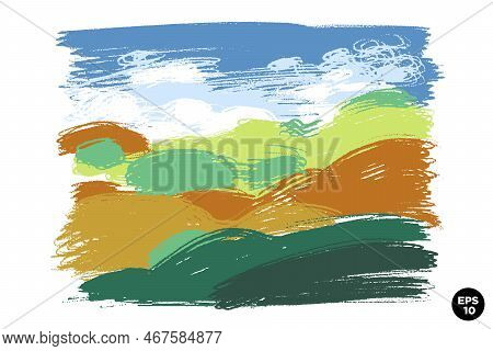 Wax Crayon Naive Hand Drawn Grass Meadow Hills With Blue Sky. Vector Pastel Chalk Background Banner.